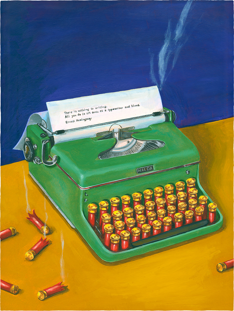 portrait painting of Ernest Hemingway where he is represented by a typewriter with shotgun shells as a keyboard.