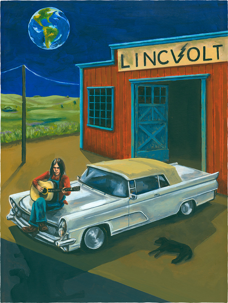 portrait painting of Neil Young with him leaning on his custom built car in a prairie landscape with the earth hovering where the moon usually shines.