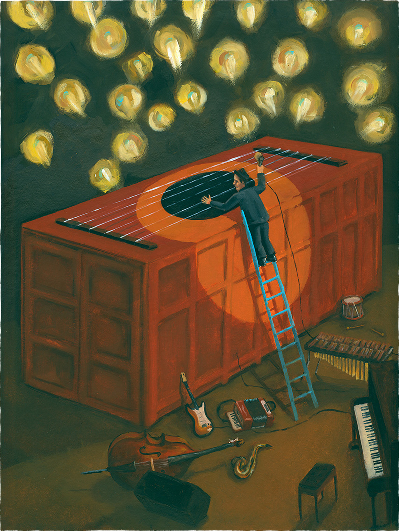portrait painting of Tom Waits with him playing strings stretched over a container on a stage filled with traditional instruments.