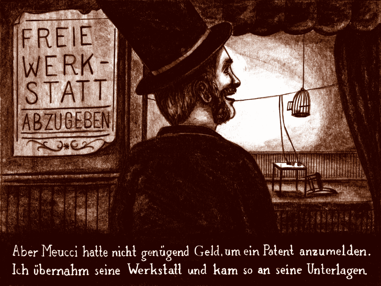 Bell visiting the old workshop of Meucci after he has had to give it up because of bankruptcy