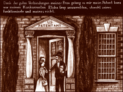 Bells competitor holds the door open to a women, unknowingly to him the wife of Bell, who will beat Grey at registering a patent for the Telephone at the US patents office.