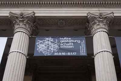 Banner hanging on Martin-Gropius-Bau for the exhibition +ultra. knowledge & gestaltung