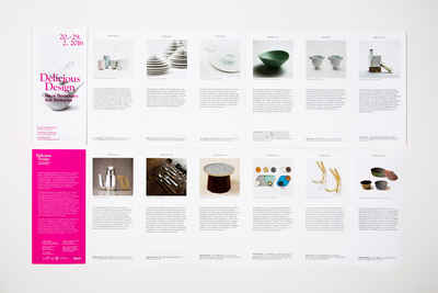 Overview of the fan fold brochure for the delicious design exhibition at Dross & Schaffer.