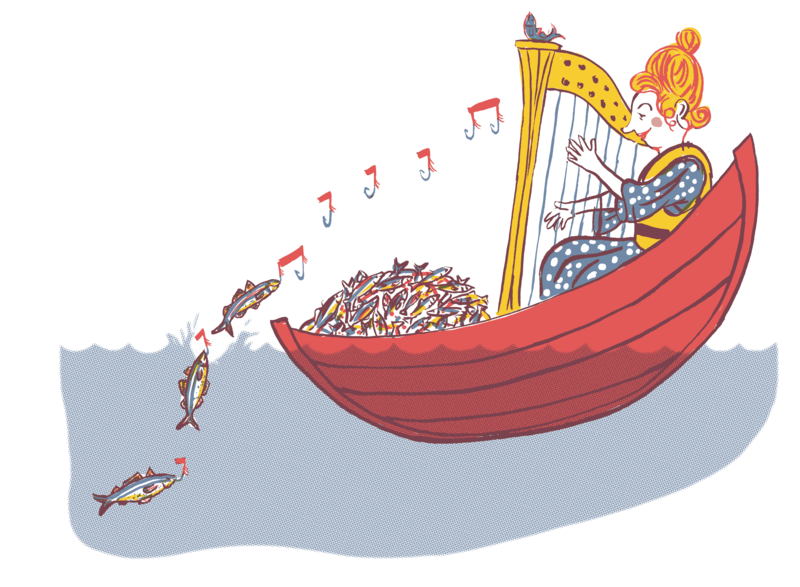 woman playing a harp luring the fish into her boat